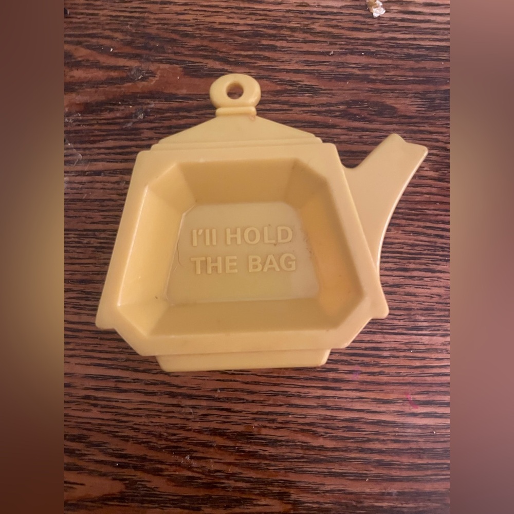 Vintage Tea Bag Caddy Holder  Teapot Shaped  - I'll Hold The Bag Yellow 2x3”